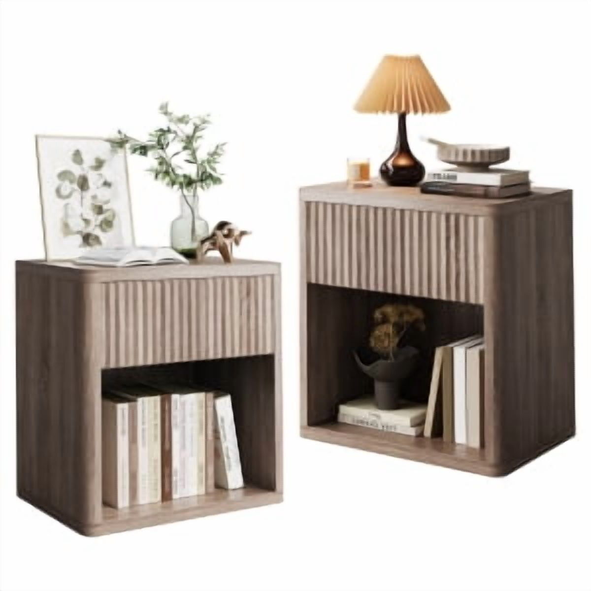 Night Stand Set of 2,Mid Century Modern Farmhouse Nightstand, Fluted Nightstand,Bed Side End Table for Small Space with Drawer Storage Night Stands for Bedroom Living Room Sofa Office