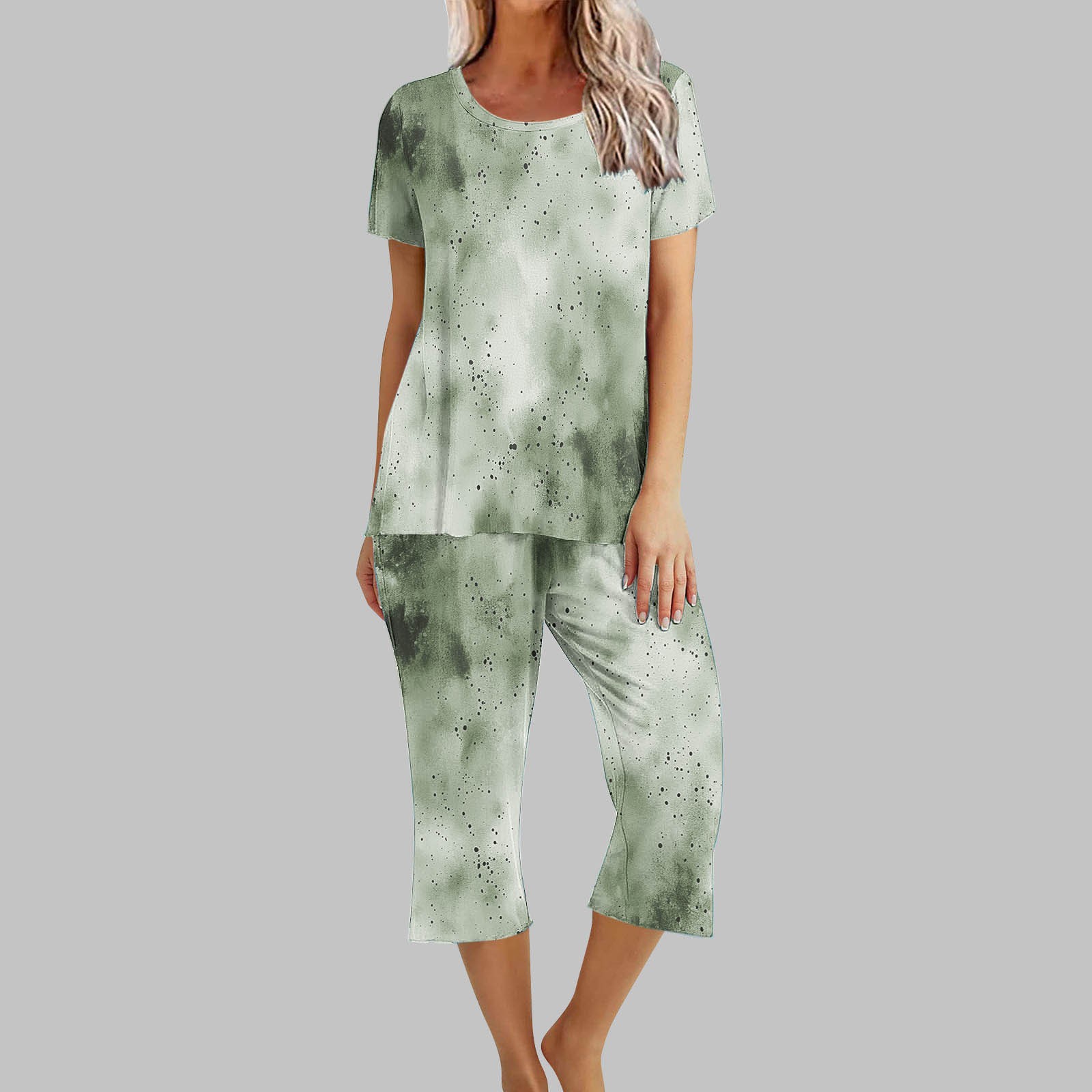 Liquidation Aujourd'hui Iumwxz Pyjamas Décontractés Fluides Ensembles Femmes Tenues d'Été Teinture sur Nœuds Graphique Col Rond Manches Courtes Taille Élastique Pantalons Courts Ensembles pour Femmes Vacances