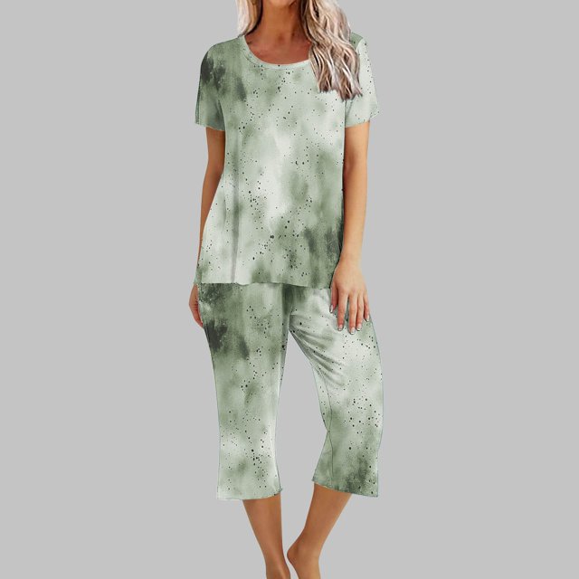 Liquidation Aujourd'hui Iumwxz Pyjamas Décontractés Fluides Ensembles Femmes Tenues d'Été Teinture sur Nœuds Graphique Col Rond Manches Courtes Taille Élastique Pantalons Courts Ensembles pour Femmes Vacances