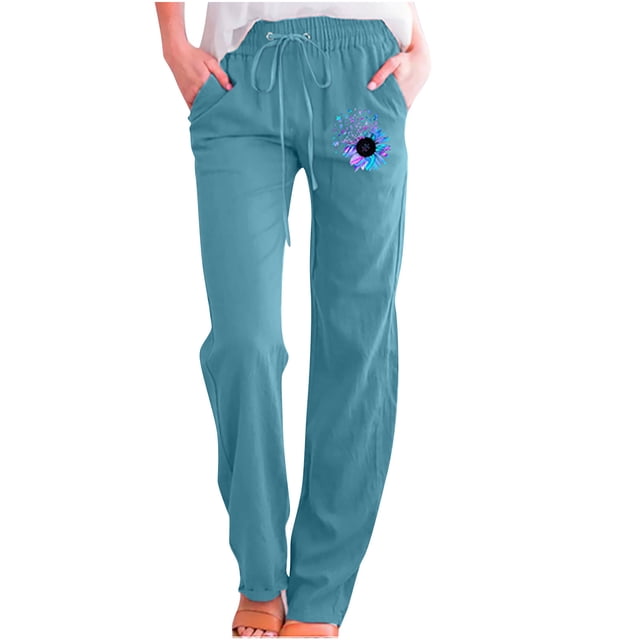 Yuyuzo Womens Cotton Linen Pants Straight Leg Flower Graphic Drawstring High Waisted Lounge Pants Slacks