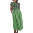 thumbnail image 2 of Meichang Robes en Lin pour Femmes 2024 Rétro à Imprimé Floral Coupe Ample Robes Midi Manches Courtes Col Rond Robes d'Été Décontractées Évasées Légères Confortables Longues Robes de Travail Vert TTG, 2 of 5