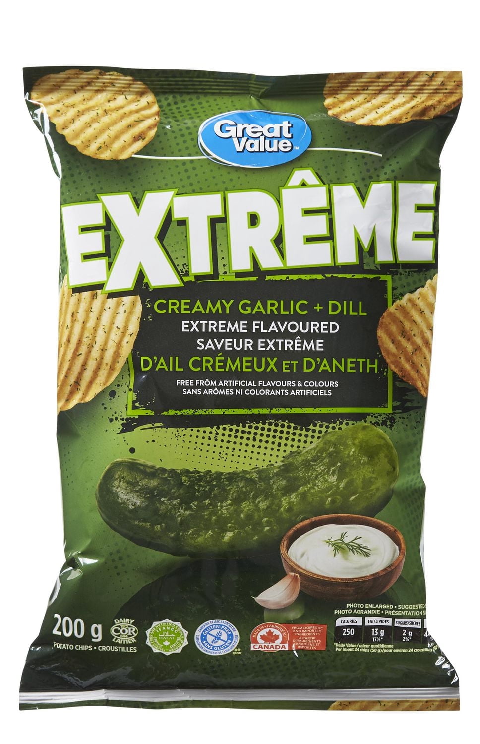 Great Value Creamy Garlic and Dill Extreme Flavoured Rippled Chips