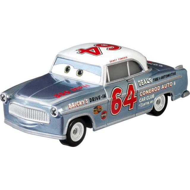 Disney Pixar Les Bagnoles Dewey Conerod Véhicule Voiture Jouet Moulée sous Pression à l'Échelle 1:55 avec Carrosserie Bleu Métallique et Toit Blanc avec Numéro Rouge 64 et Autocollants de Course Incluant « 350 MPH », « Bricky's Drive-In » et « Deal's Tire & Automobile ». la Voiture A des Roues Roulantes, des Yeux Expressifs sur le Pare-Brise, et des logos de Personnages Détaillés pour un Jeu Réaliste et des Histoires.