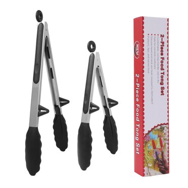 Unique Bargains Ensemble de Pinces de Cuisine Embout en Silicone Pinces en Acier Inoxydable avec Supports 2 Pcs Noir