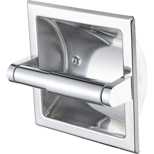 Chrome Recessed Toilet Paper Holder Wall Toilet Paper Holder with a modern design, made of SUS 304 stainless steel for durability and corrosion resistance. Features a warm chrome finish and a recessed structure for a sleek, space-saving look. Includes a rear mounting bracket, hardware pack, and air freshener. Suitable for bathroom renovation and compatible with various decorative styles.