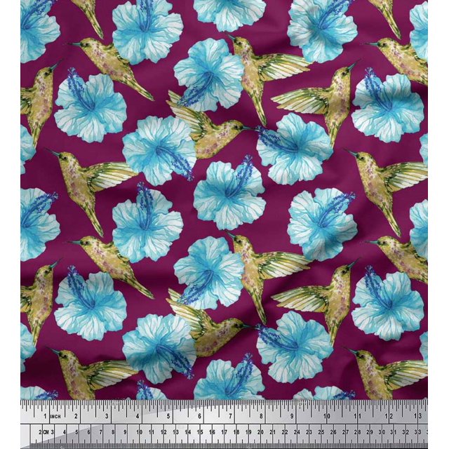 Soimoi Cotton Voile Fabric Hummingbird & Floral Print Fabric by Yard 56 Inch Wide