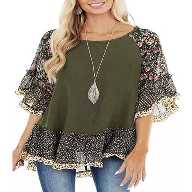 Blouse Femme à Manches 3/4, Unie, Ourlet Floral, Imprimé Léopard, Haut Ample