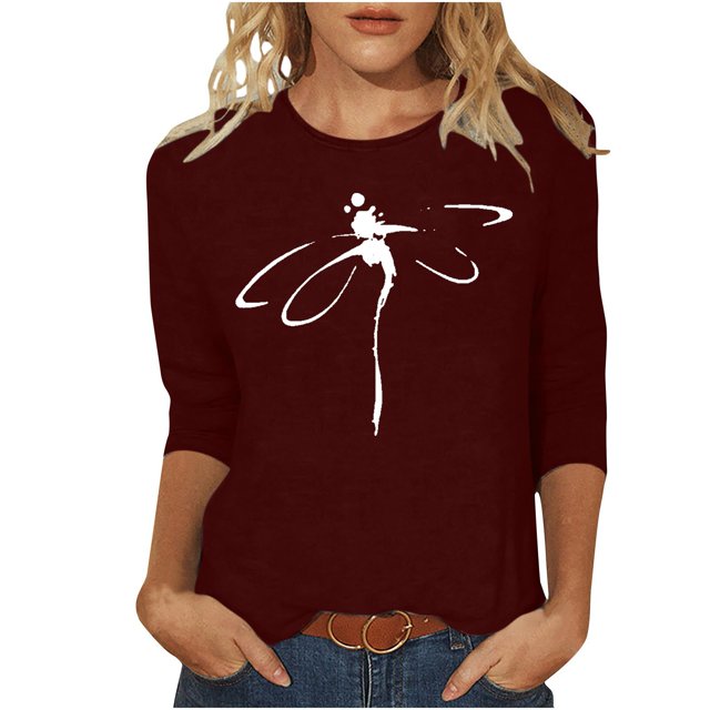 Pompotops T-shirt Mode Imprimé Ample pour Femmes Manches 3/4 Mi-Longueur Blouse Col Rond Tops Décontractés Liquidation