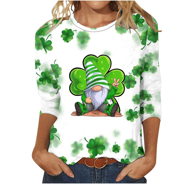 Besolor Hauts pour Femmes de la Saint-Patrick Tendance Manches 3/4 T-Shirts Imprimés Shamrock Col Rond Mignon Tunique de la Saint-Patrick T-Shirt Hauts