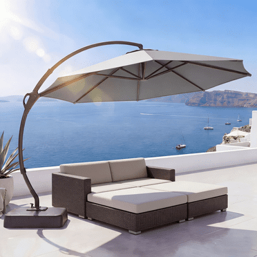 LAUSAINT HOME Parasol de Patio Extérieur de 11 Pi avec Base, Parasol Déporté en Aluminium avec Manivelle, Gris