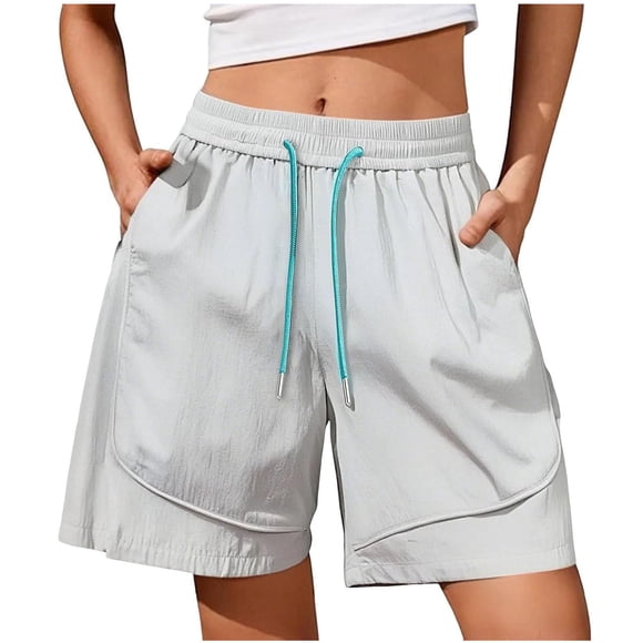 Yammkia Mid Waist Shorts for Women Womens Running Shorts Women’s High Waisted Athletic Workout Short’s Gym Short for Women with Pockets(Gray,L)