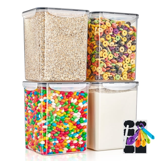 Sorbus 4-Pack Airtight Dry Food Storage Containers with Lids, Labels & Marker, shown in a stackable arrangement. Each 5L BPA-free container is filled with different items, including oats, cereal, jelly beans, and flour. The clear plastic design allows visibility of contents, while the four-sided locking lids with silicone seals ensure airtight storage. Includes reusable labels, a white marker, and colourful measuring spoons for easy organization.