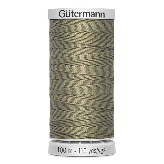 Gutermann Extra Strong 100% Polyester Thread spool in olive green, tightly wound on a white plastic bobbin marked 100 m - 110 yds, ideal for heavy-duty sewing on leather, canvas, and home décor projects like cushions and draperies.