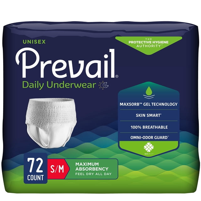 Prevail Daily Protective Underwear, Unisex Disposable Adult Diaper, Maximum Absorbency, Small/Medium, 72 Count (4 Packs of 18). The packaging features a navy blue background with green accents, highlighting key features such as MaxSorb gel technology, Skin Smart material, 100% breathability, and Omni-Odor Guard. A white disposable underwear is displayed prominently on the front.