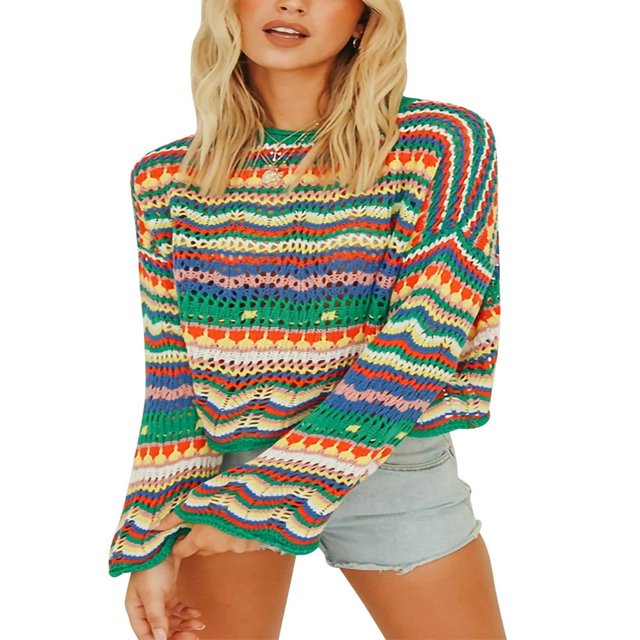 Chandail en Tricot Crochet pour Femmes, Haut Court à Rayures, Décontracté, Ajouré