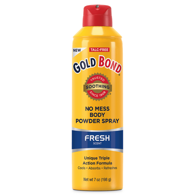 Gold Bond Body Powder Spray, No Mess Fresh, 7oz Can. A yellow aerosol can with a red cap, featuring the Gold Bond logo and text highlighting its talc-free formula, fresh scent, and triple action benefits of cooling, absorbing, and refreshing. Designed for body care and personal hygiene.