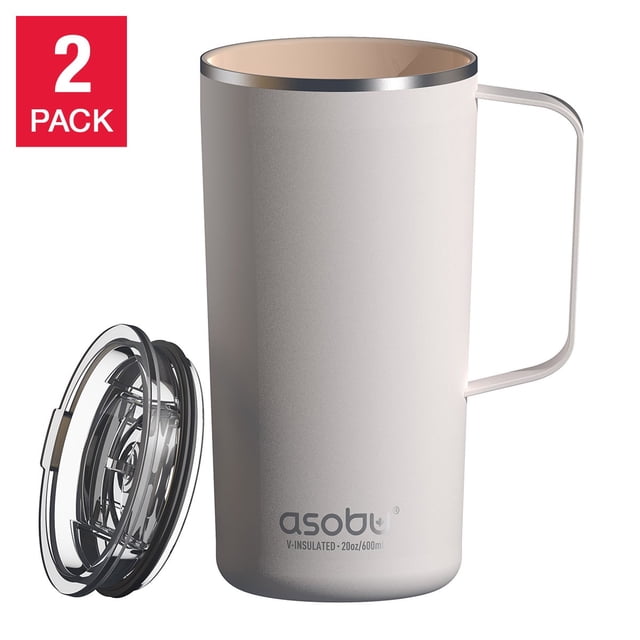 Asobu Ceramic 590 ml (20 oz) Mug, 2-pack white. This set includes two white mugs with a ceramic interior, vacuum-insulated stainless steel construction, and copper lining to keep beverages hot for hours. Each mug features a spill-proof lid and a handle for easy use. Designed to fit in all car cup holders, these mugs are ideal for home, office, or outdoor use. Dishwasher safe for convenience.
