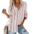thumbnail image 3 of Cameland Blouses Mode pour Femmes Col en V Rayé Manches Retroussables avec Poche Chemise Ample, 3 of 6