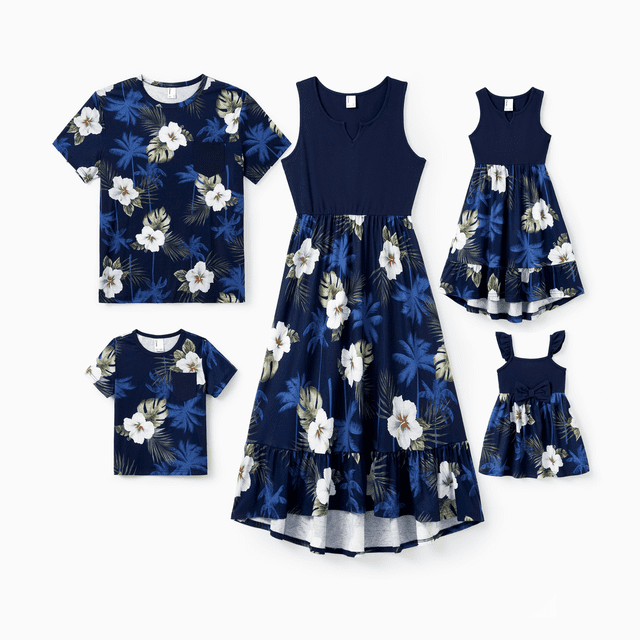 PatPat Family Matching Floral Print Cotton Top Short-sleeve Shirt or Splicing Sleeveless Tank Dress