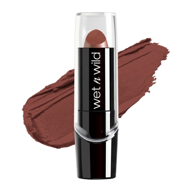 Silk Finish Lipstick by wet n wild in a black tube with clear cap, showing a rich brown lipstick bullet and a matching brown color smear behind it, enriched with vitamins A and E, aloe vera, and macadamia nut oil to hydrate lips for a smooth, supple finish.