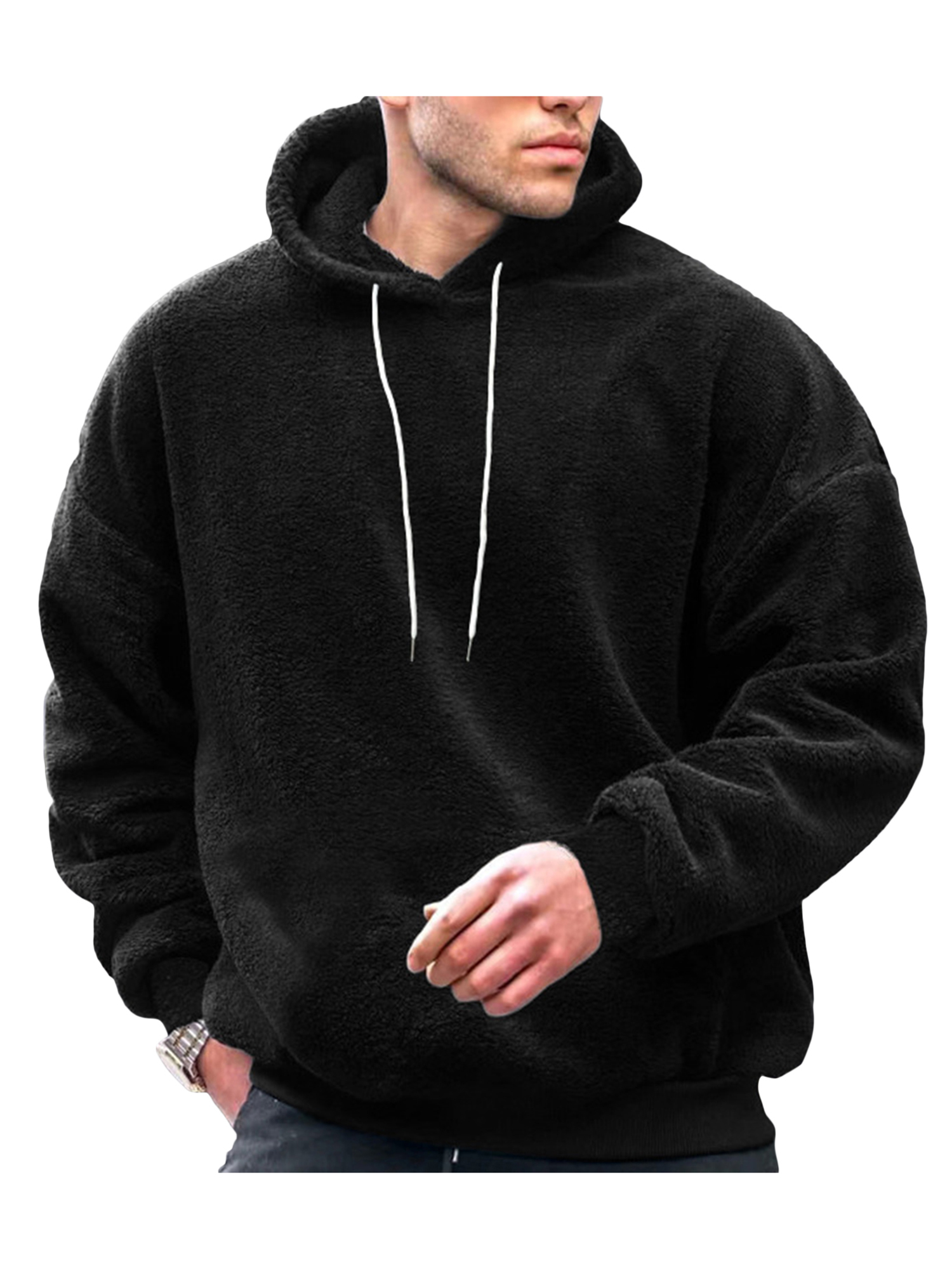 FOCUSNORM Men Plush Loose Hoodies Solid Color Drawstring Hooded Sweatshirts Long Sleeve Tops Fall Winter Casual Pullovers