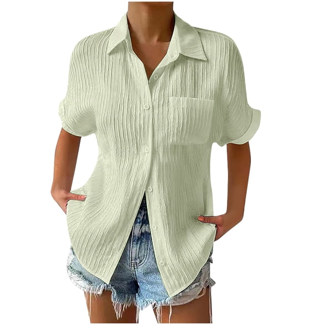 Besolor Womens Plus Size Button down Shirts Collared Short Sleeve Textured Summer Casual Tops Blouse with Pocket