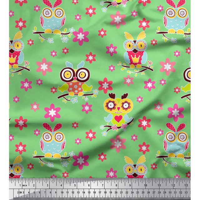 Soimoi Poly Georgette Fabric Floral & Owl Cartoon Print Fabric by Yard 52 Inch Wide