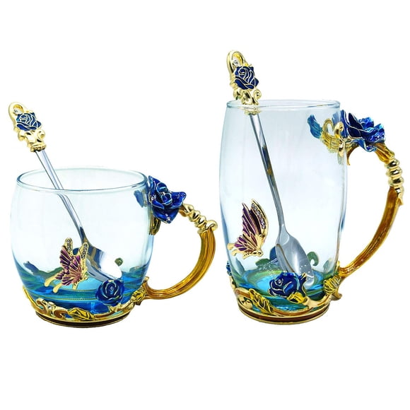 Flower Tea Cups Enamel Coffee Mug with Spoon Butterfly and Rose Glass Tea Mug Ideal For Women Mom Grandma Wife and Friend Wedding Anniversary Birthday 2 Pcs