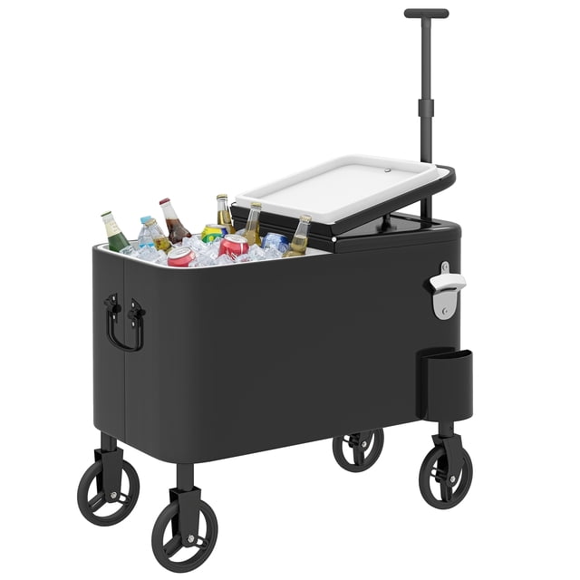 Outsunny Chariot Glacière pour Patio Extérieur, Coffre à Glace Roulant avec Roues, Noir