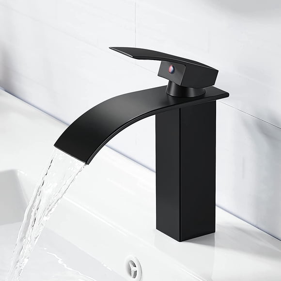 Luniquz Black Single Handle Deck Mounted Brass Waterfall Bathroom Faucet,Hot and Cold Water Mixer Tap
