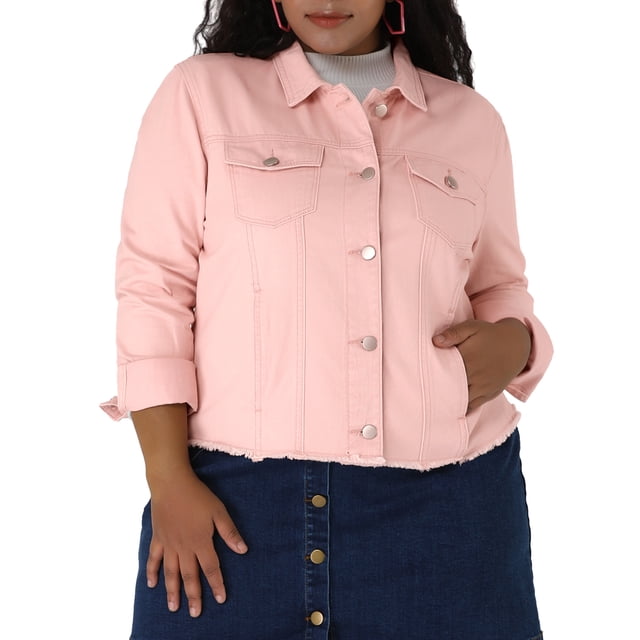 GRACE & GRANDEUR Veste en Denim Effiloché pour Femme Grande Taille, Lavée, à Boutons devant, Rose 3X