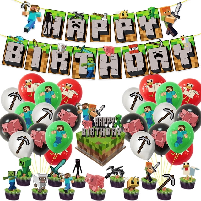 Minecraft Themed Happy Birthday Set Decoration Accessories Banner Flag Cake Decoration Kit featuring a multicolour banner with pixelated Minecraft characters and text spelling 'Happy Birthday,' balloons with Minecraft designs including characters and tools, a cake topper resembling a Minecraft grass block with 'Happy Birthday' text, and cupcake toppers shaped like Minecraft characters and animals. Ideal for birthday party decorations.