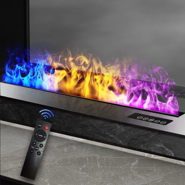 39.3-inch water vapor electric fireplace by SUNLITUP, featuring advanced 3D mist flame technology with vibrant LED lighting in eight adjustable colors. The fireplace showcases a sleek stainless steel design with a glass touch panel and a realistic flame effect created by water vapor atomization. It includes a remote control, smart app compatibility, and safety features like a child lock and automatic water system. Ideal for freestanding or insert installation in living rooms, bedrooms, or entertainment centers.