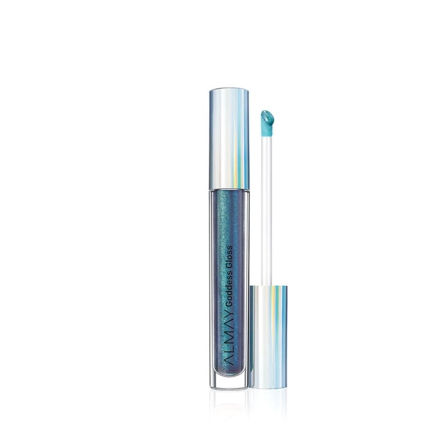 Almay Goddess Brillant à Lèvres en Teinte Bleu Iridescente Transparente avec une Finition à Haute Brillance, Montré avec Son Applicateur Floqué et un Capuchon Argenté Réfléchissant, Testé par des Dermatologues et des Ophtalmologistes, Convient à Superposer Ou à Porter Seul pour Créer un Effet Éblouissant.