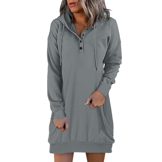 Womens Casual Hoodies Dress Fall Long Sleeve Sweatshirt Button Down Drawstring Pullover Top Lightweight Dress