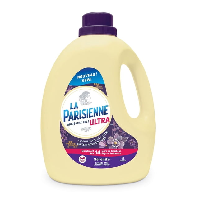 La Parisienne Ultra Fabric Softener SERENITY 4L 148 Wash Loads in a beige plastic jug with a purple screw cap, featuring a label with lavender and honey floral graphics, biodegradable concentrated formula that softens fabrics, controls static cling, and provides 14 days of freshness.