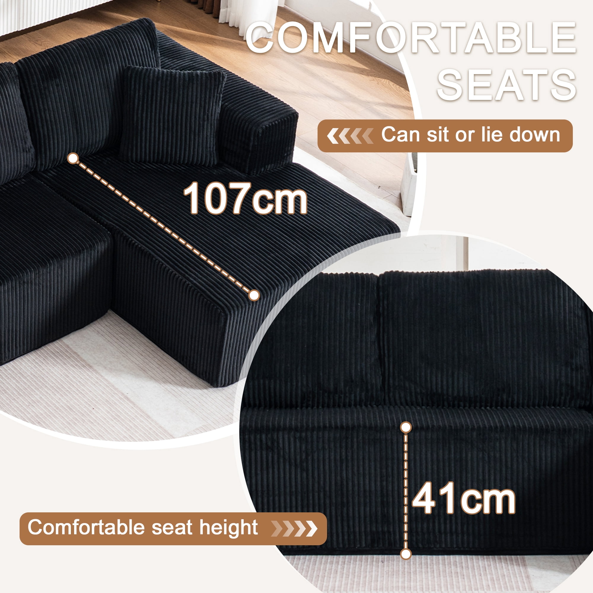 Canapé-lit Noble House moderne et décontracté en forme de U, sans cadre, modulable avec fauteuil inclinable, Noir