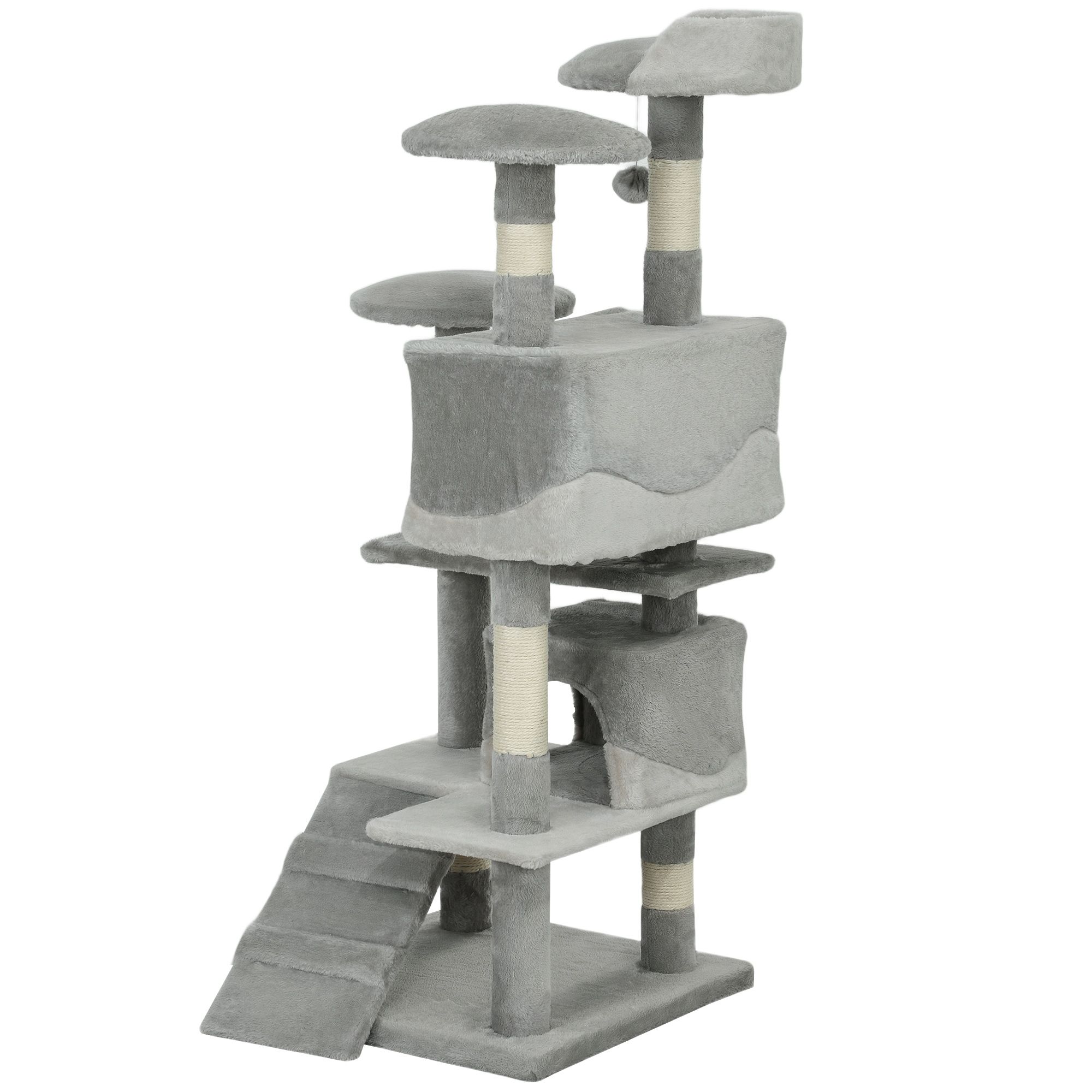 53" Multi-Level Cat Tree Activity Center with 2 Condos, 3 Perches, and Sisal Scratching Posts, Soft Plush Grey Cat Tower for Indoor Play and Relaxation in Living Room or Bedroom