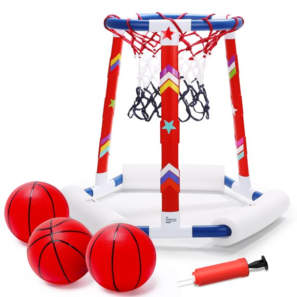 EagleStone Jouets de Panier de Basketball pour Piscine, Panier de Basketball Flottant Jeu Extérieur, Jouets de Piscine Gonflables pour Tout-Petits avec 3 Grosses Balles, Pompe, Paniers de Basketball Aquatiques avec Autocollants pour