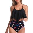 thumbnail image 1 of Women High Waisted Bikini Ruffle Swimsuit Flounce Pom Pom Trim Two Piece Bathing Suit Black Butterfly (XL, 1 of 6