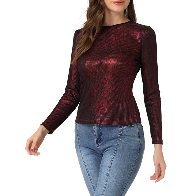 INSPIRE CHIC Haut pour Femme à Manches Longues Scintillant Pailleté Brillant Métallique Hauts TP Noir Rouge