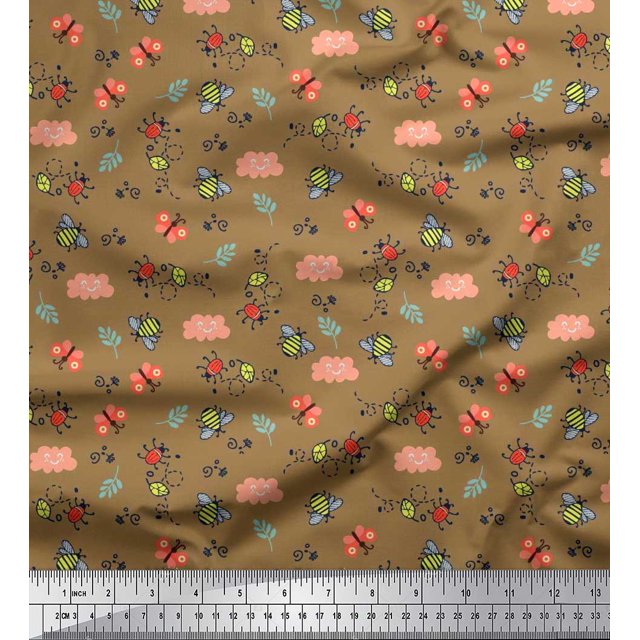 Soimoi Brown polyester Crepe Fabric Honey Bee & Bettle Bee Insects Print Sewing Fabric BTY 52 Inch Wide