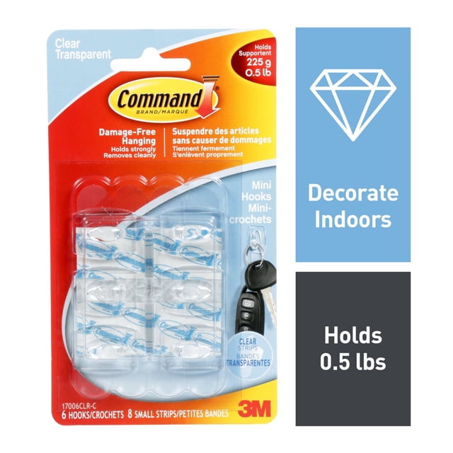 Command™ Mini Hooks 17006CLR-C clear small hooks pack with 6 hooks and 8 adhesive strips, holds up to 0.5 pounds, removes cleanly without damage, ideal for indoor use to hang keys or lightweight items and organize spaces.