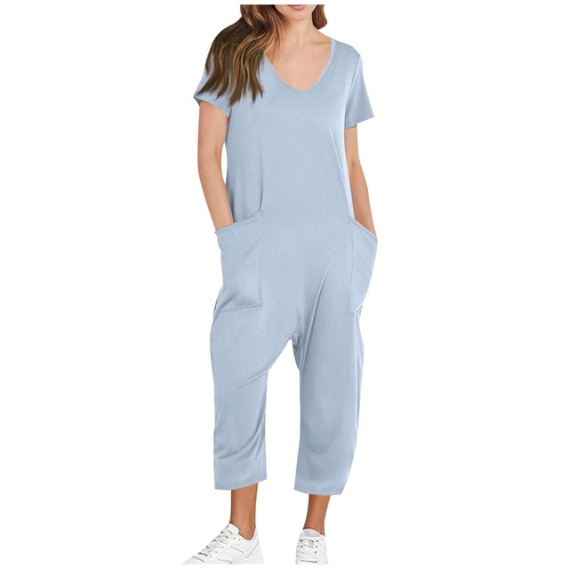 Yuyuzo Jumpsuits for Women Short Sleeve V Neck Rompers Wide Leg Cropped Pants Overalls with Pockets