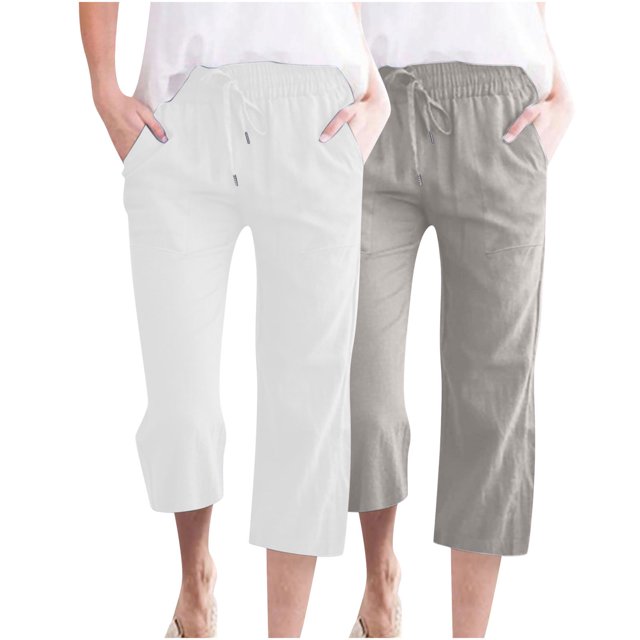 Timegard 2pc Capri Pants for Women Cotton Linen Elastic Waist Loose Lounge Crop Pants Pockets Solid Color