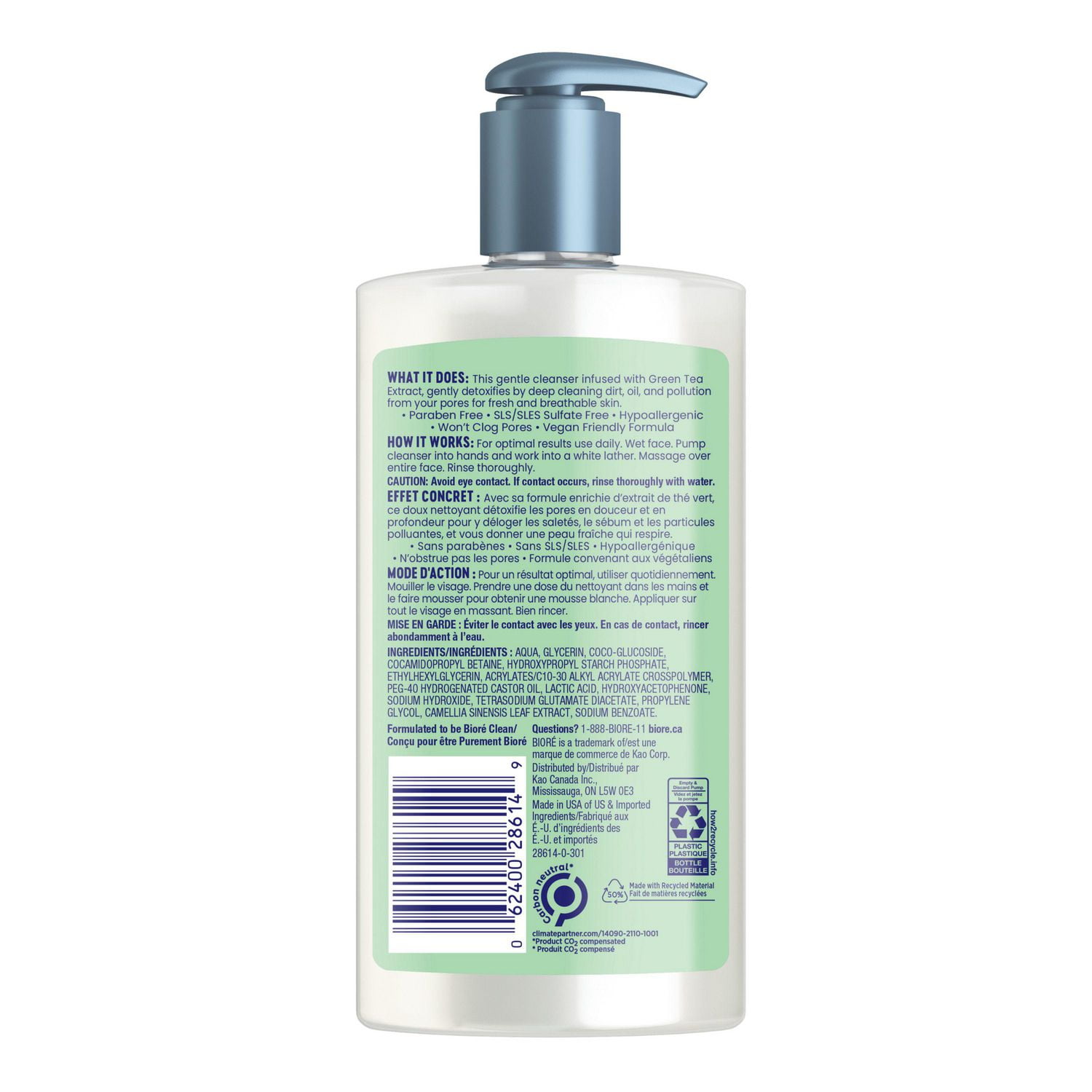 Nettoyant doux pour le visage Détox Pure de Bioré, Pour Peau normale ou Mixte, 200mL