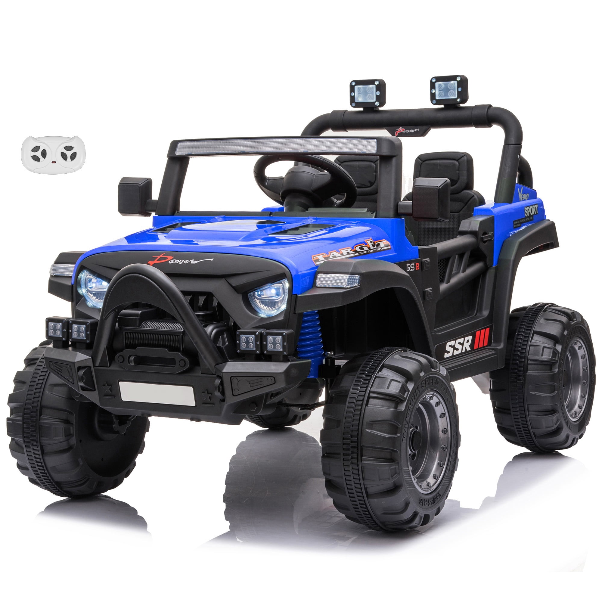 VOLTZ TOYS Jeep with Angry Face Grill 12V Kids Ride On Car Toy with Open Doors, Realistic Lights and Remote Control - Blue