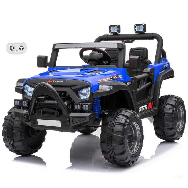 VOLTZ TOYS Jeep with Angry Face Grill 12V Kids Ride On Car Toy featuring a bold blue design with openable doors, realistic LED headlights, and a working searchlight. This single-seater ride-on car is powered by a 12V rechargeable battery and two 550 motors, offering a speed range of 3–5 km/h. It includes a built-in MP3 player, durable wheels, and a parental remote control for added safety. Designed for children aged 1–5 years, it supports up to 30 kg (66 lbs) and measures 110x72x72 cm (43.3x28.3x28.3 inches).