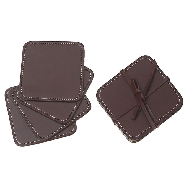 Ensemble Carré de 4 Pcs en Cuir Véritable Coasters Couleur Cerise avec Quatre Coasters Carrés en Cuir Couleur Cerise avec Surpiqûres Blanches, Empilés et Noués avec une Sangle en Cuir, Conçus pour Protéger les surfaces de Salle à Manger contre les Déversements et la condensation, Convient Aussi comme Petits Plateaux Décoratifs.