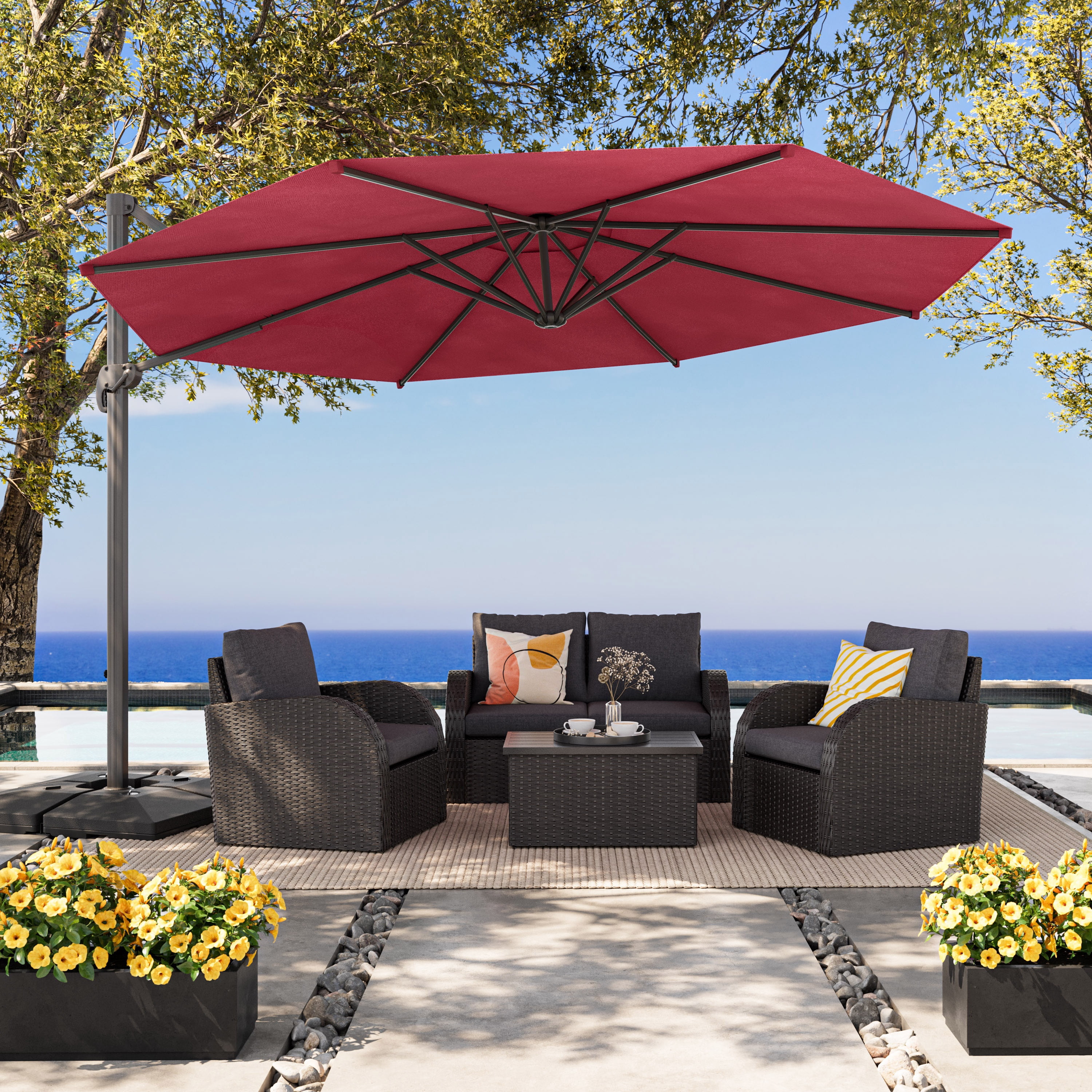 CorLiving 11.5ft Deluxe Tilting and Rotating Offset Patio Umbrella with Aluminum Frame and Durable Canopy, Wine Red